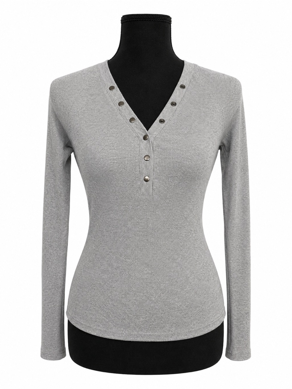 Women's Gray Ribbed Long-Sleeve Top